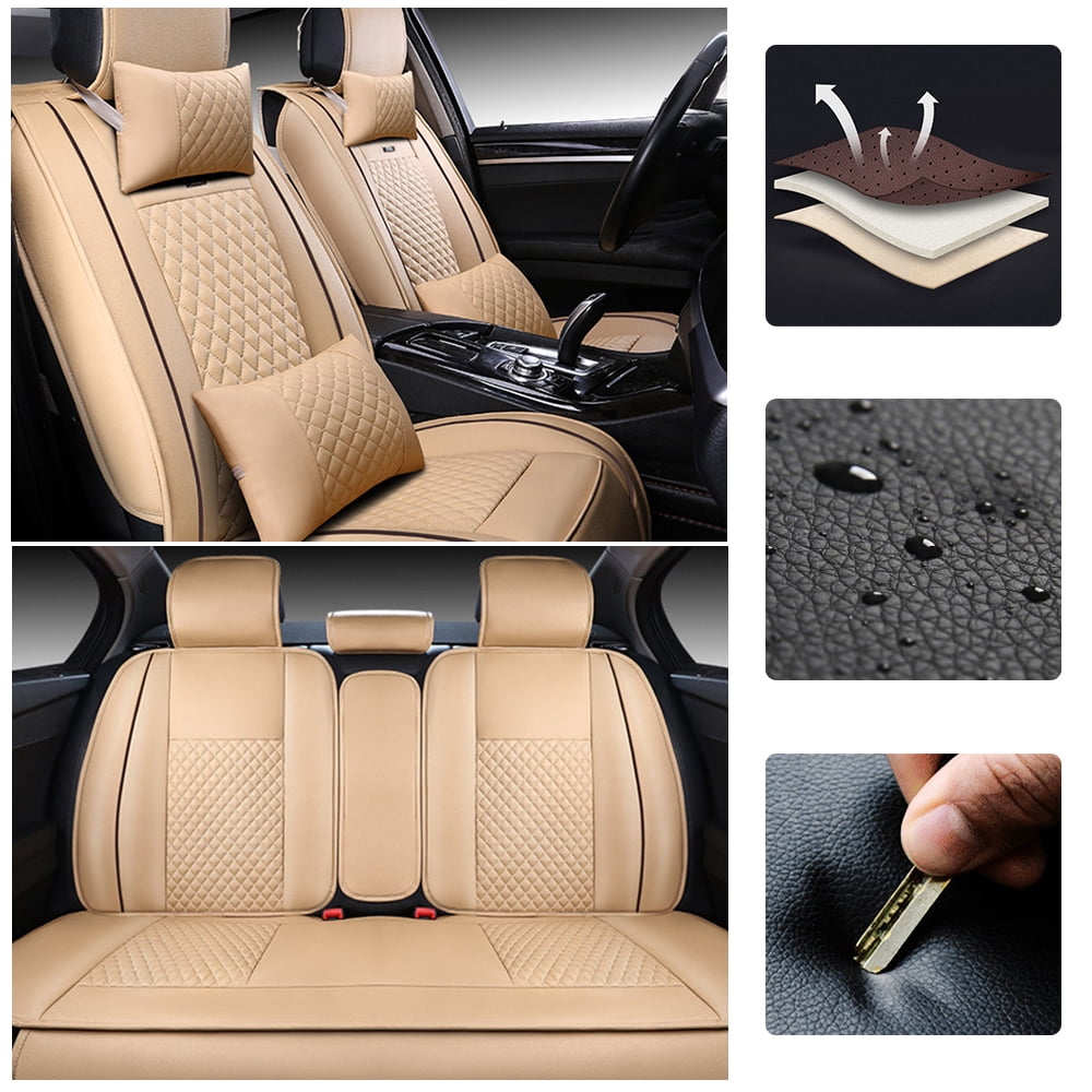 Maidao Universal Faux Leather Car Seat Covers Full Set,Auto Interior Accessories 5 Seat Covers All Season Fit for SUV,Sedan,Van, Airbag Compatible with Pillow Beige
