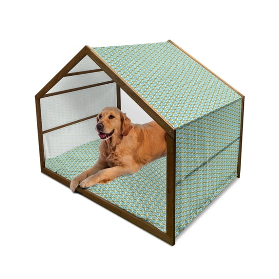 Geometric Pet House, Retro Circles with Dots Round Design Elements Vintage Inspirations, Outdoor & Indoor Portable Dog Kennel with Pillow and Cover, 5 Sizes, Yellow Green Blue Black, by Ambesonne