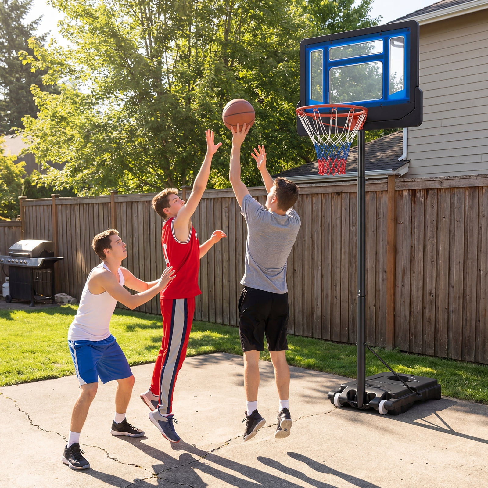 Patiojoy Basketball Hoop Portable Basketball Stand with Rolling Wheels 4.3-8.2FT Adjustable Height PE Backboard Fillable Base Blue