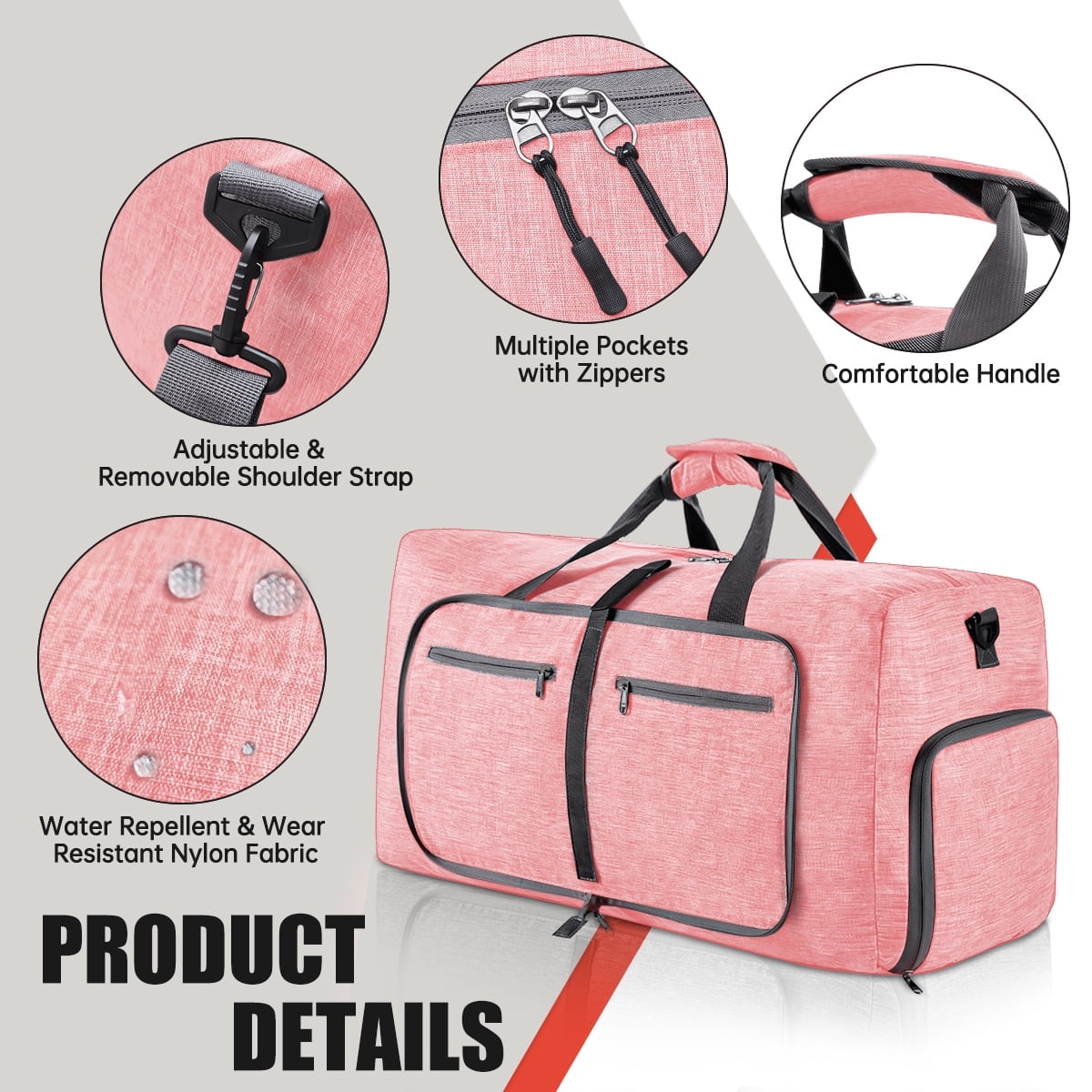 DAKOMM Travel Duffle Bag, 80L Foldable Weekender Bags for Women with Shoe Compartment, Carry on Overnight Bag for Men Women, 28" Gym Travel Bag Water Repellent & Tear Resistant, Pink