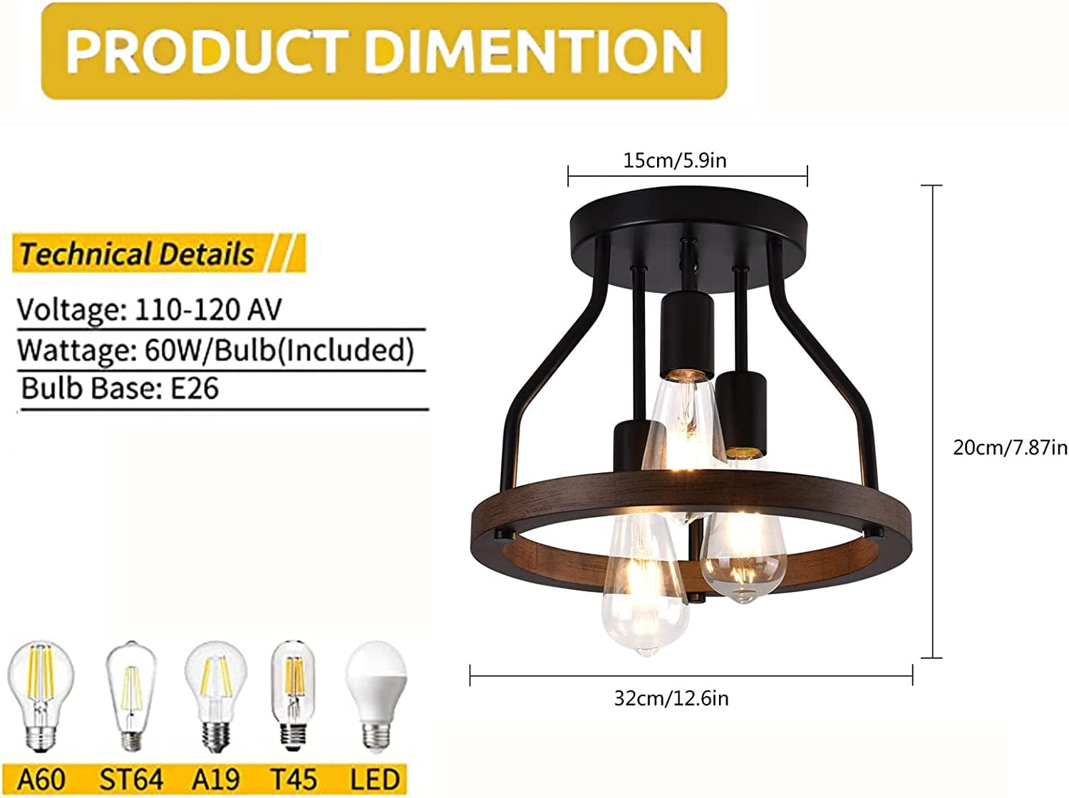 FETCOI 3-Light Flush Mount Ceiling Light, Wood Frame + Black Metal Shade Rustic Farmhouse Ceiling Lamp Fixture for Kitchen Dining Room Hallway Bedroom Study Living Room