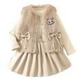 thumbnail image 2 of Wuxian Toddler Fall Outfit Fashionable Fuzzy Vest Long Sleeve Top With Leather Pleated Skirt 3 Piece Stylish Suit Girls Cute Clothing Set,Beige,2-3 Years, 2 of 9