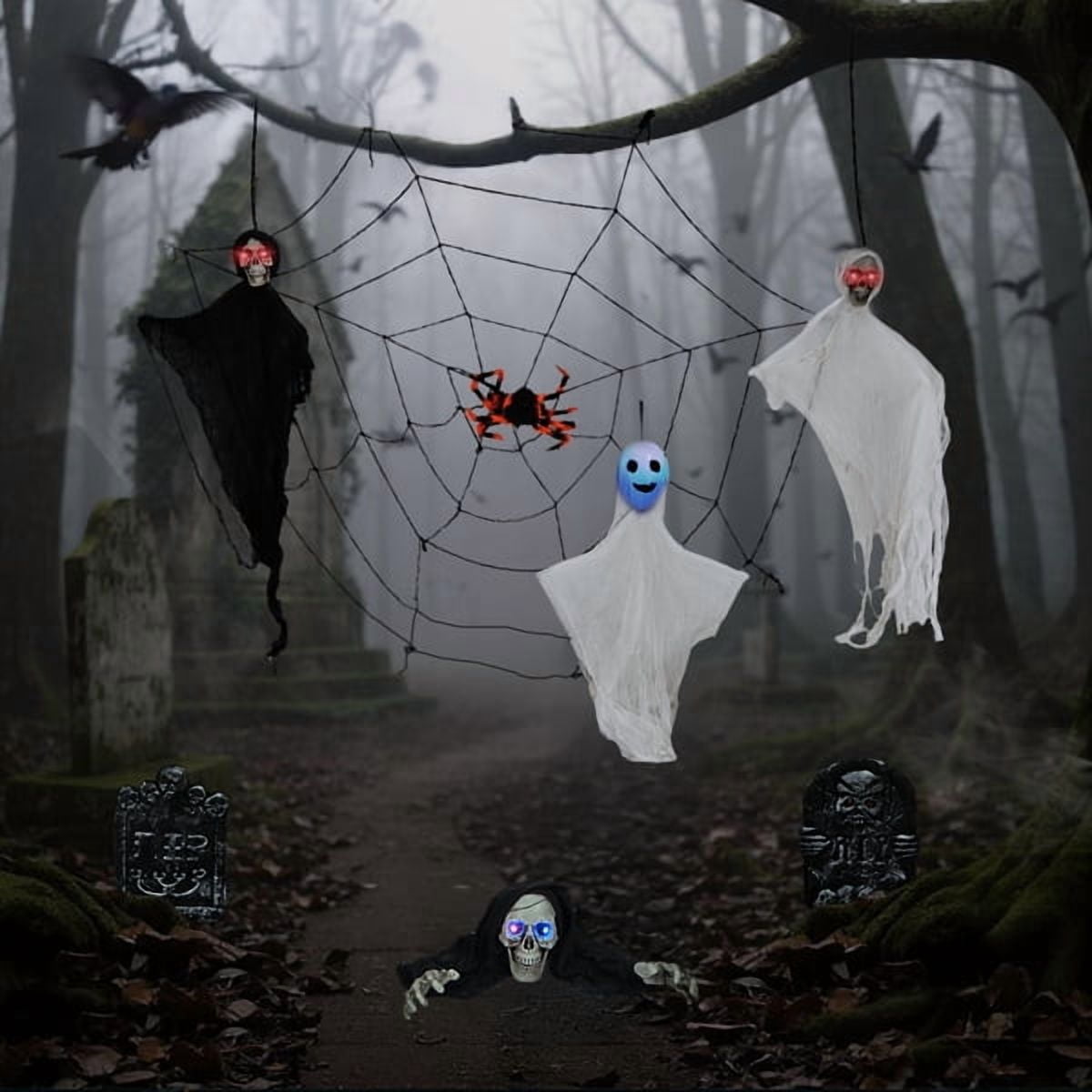 Alvantor 8-Piece Halloween Yard Decorations Set with 3 Ghosts, 2 Tombstones, Skeleton, 5.9 ft Spider Web and LED Eyes, Multicolor
