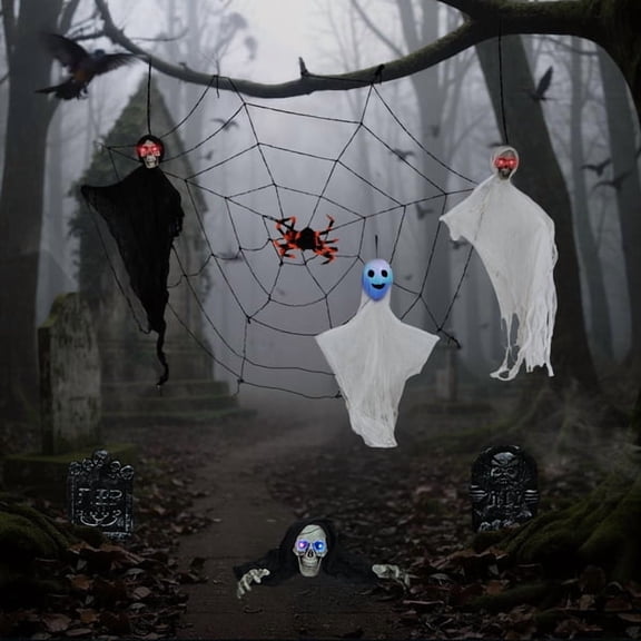 8-Piece Outdoor Halloween Decoration Set, 3 Swinging Ghosts (LED Eyes)   2 Gravestones   Crawling Skeleton   5.9ft Cobweb, Indoor/Outdoor Use