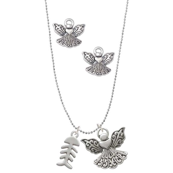 Delight Jewelry Silvertone Fish Bones Silver tone Guardian Angel Charm Necklace and Stud Earrings