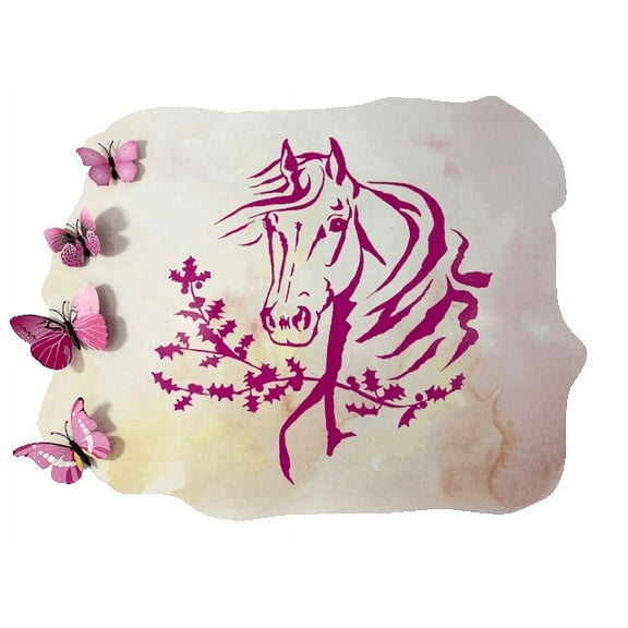 3D Bedroom Wall Decal Sticker For Girls Custom Designs With 3D Butterfly Cute 3D Butterflies With Cute Pink Horse Head - Easily Applied And Removable - Size: 20 In X 20 In