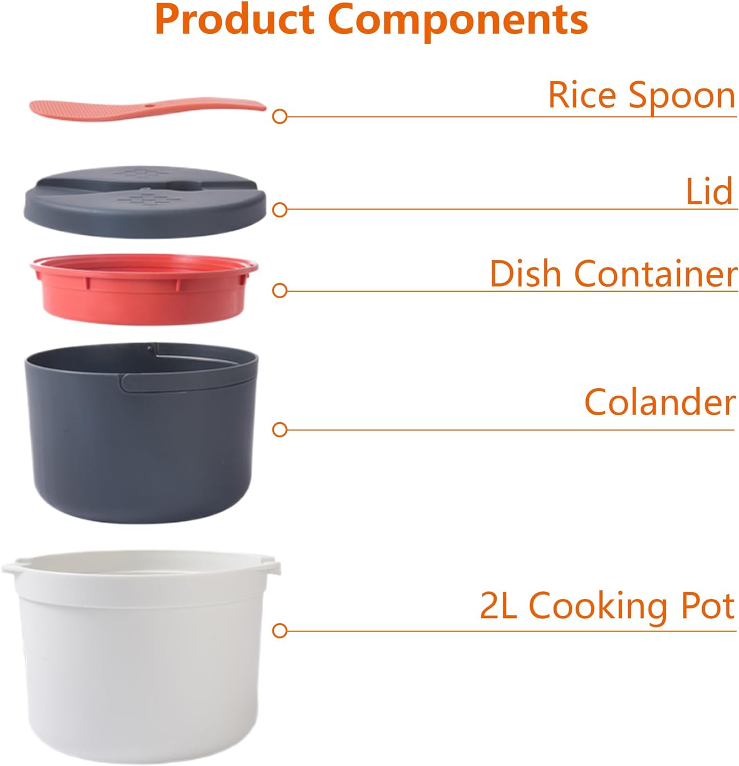 Microwave Rice Cooker Steamer Set: 2L Microwave Pasta Cooker with Rice Spoon Lid Strainer, Non-stick Rice Cooker Steaming Pot for Rice, Pasta, Vegetables, Quinoa, Oatmeal, Ramen (Orange 2)