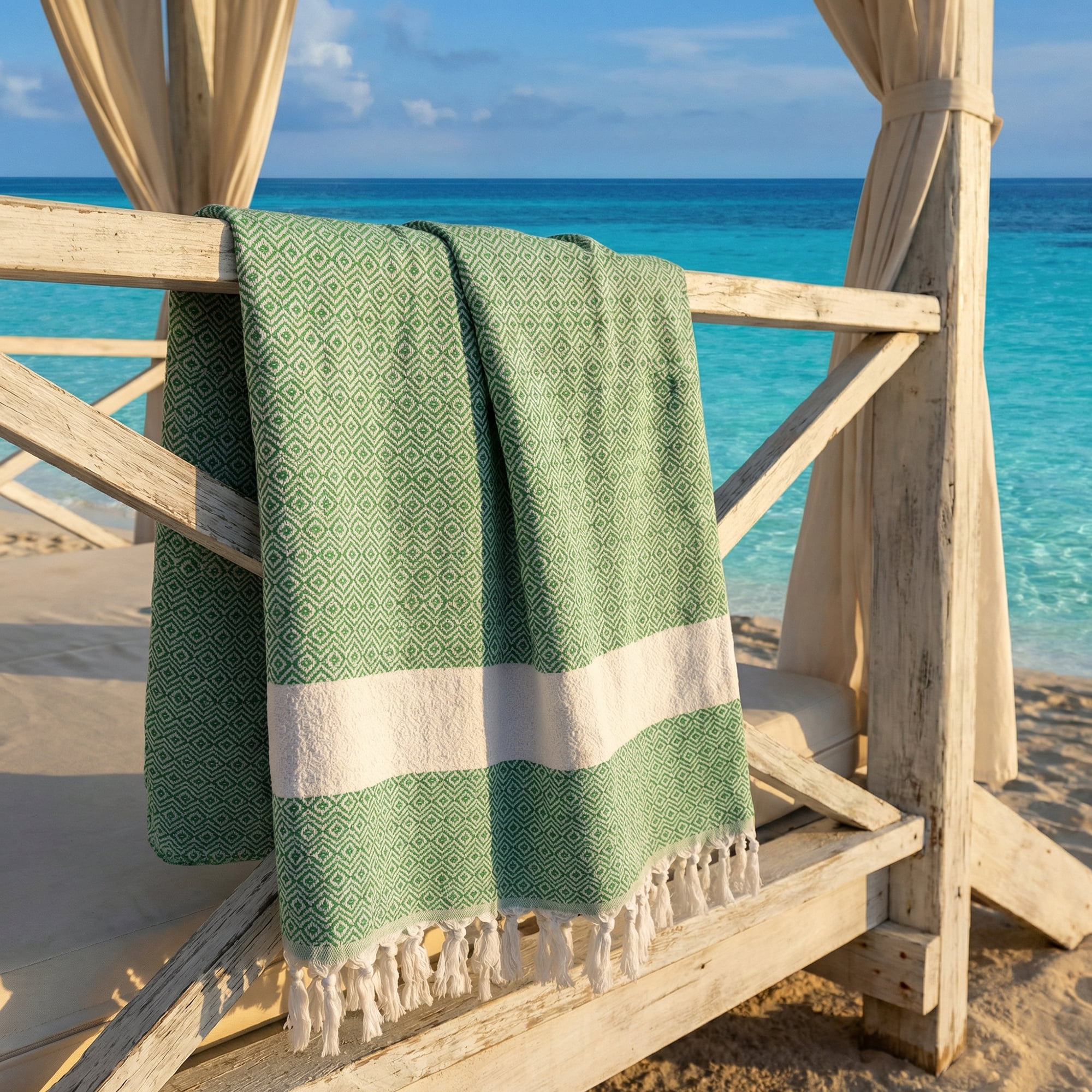 Unique Bargains Geometric Sandproof Turkish Beach Towel Dark Green 71"x40"