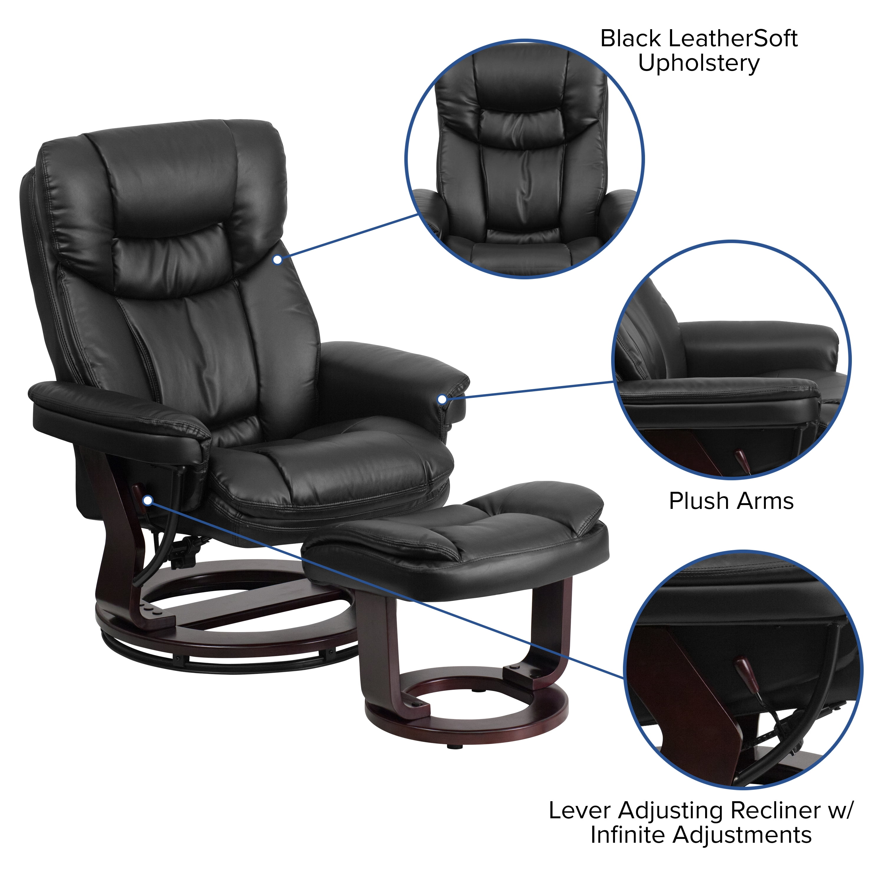 Emma + Oliver Multi-Position Recliner/Curved Ottoman - Swivel Wood Base in Black LeatherSoft