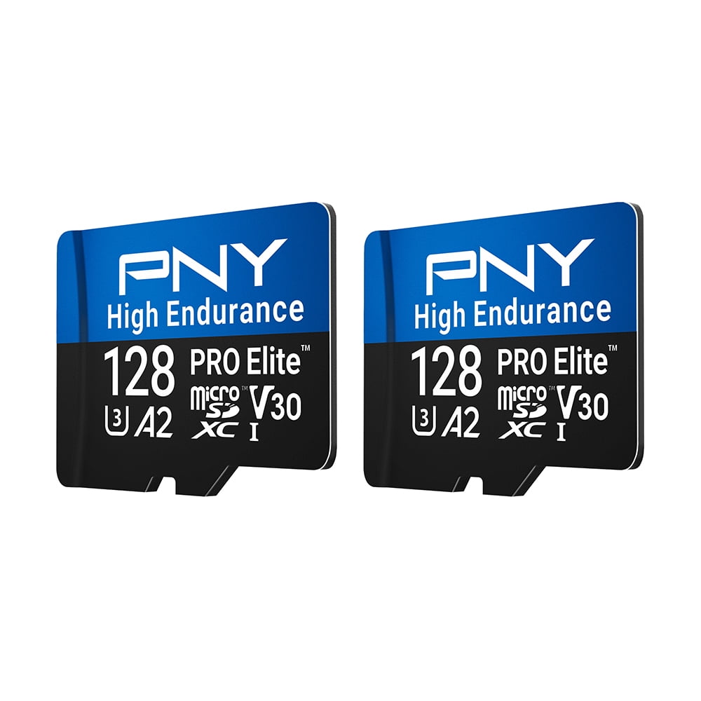 PNY 128GB PRO Elite™ High Endurance C10 U3 V30 A2 microSDXC – Up to 34.4K Continuous Recording Hours, Up to 100/90MB/s Read/Write, 4K UHD, Full HD, UHS-I, Surveillance, Home Security, Dash Cam, 2Pack