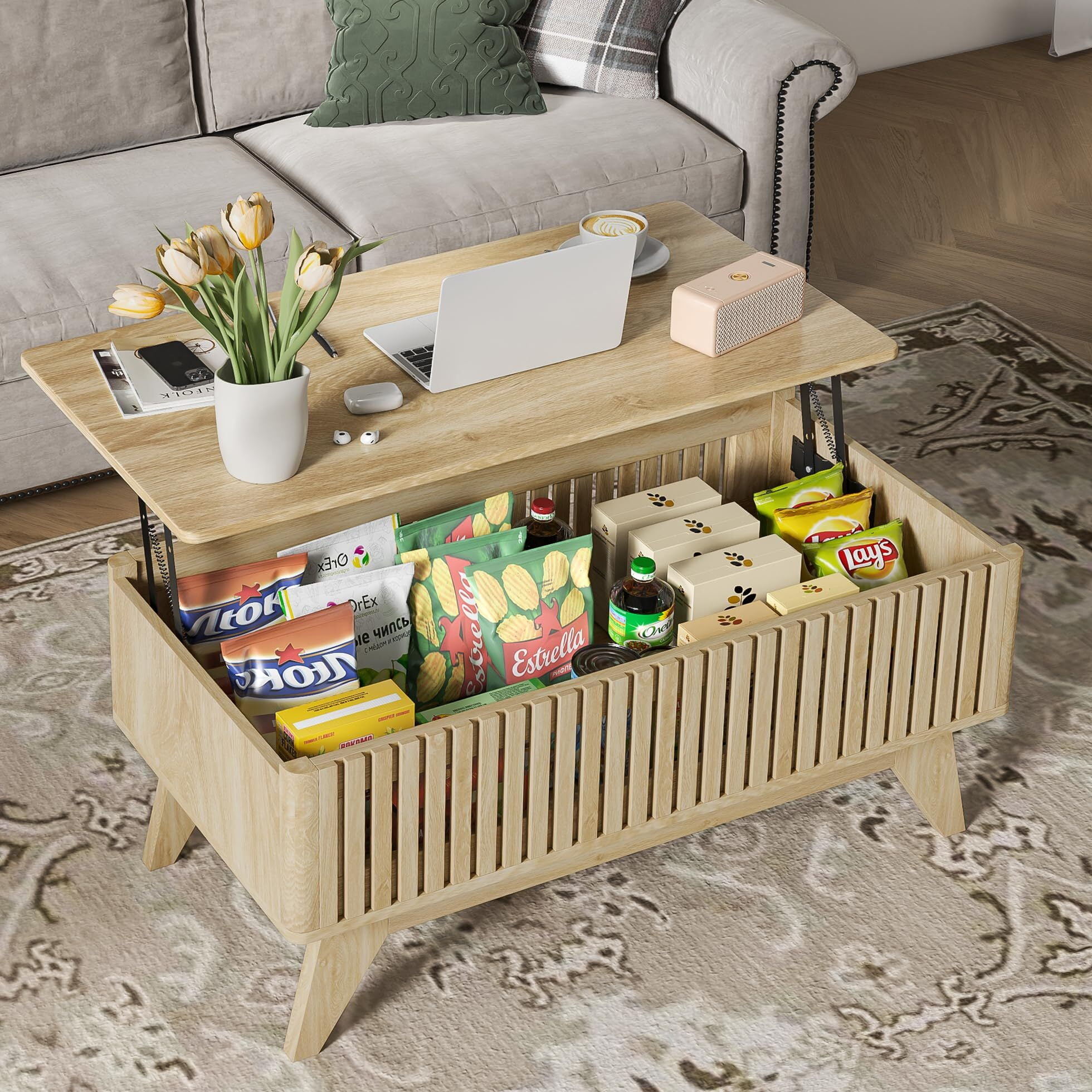 Lift Top Coffee Table with Hidden Storage, Mid Century Modern Fluted Farmhouse Center Table for Living Room, Wood
