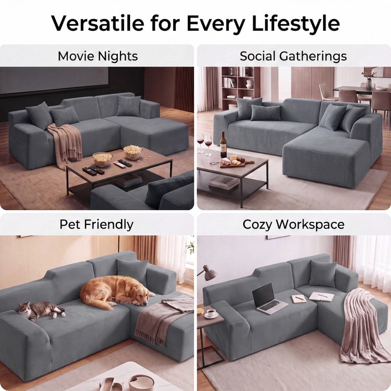 Gewnee 97" L-Shaped Sectional Sofa, Modern Corduroy Modular Sofa Couch with Deep Seat, High Back Cloud Couch, Convertible Ottoman Sectional Couch for Living Room, Black
