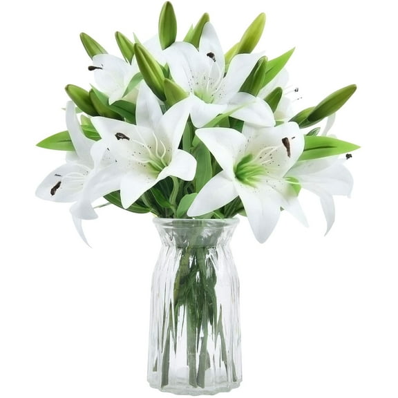 Zukuco 8Pcs Artificial Tiger Lily Flower Bouquet Fake Latex Lilies Flower Bulk for Home Table Wedding Indoor Outdoor Decor (White)