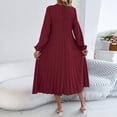 thumbnail image 4 of Women's Long Sleeve A-Line Flowy Pleated Midi Dress Round Neck Belted Waist Pockets Casual Dress, 4 of 7
