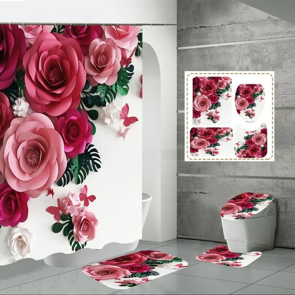 Floral Red Rose Tulip Bathroom Set with Shower Curtain And Rugs Tropical Plants Waterproof Curtain Toilet Cover Bathtub Decor