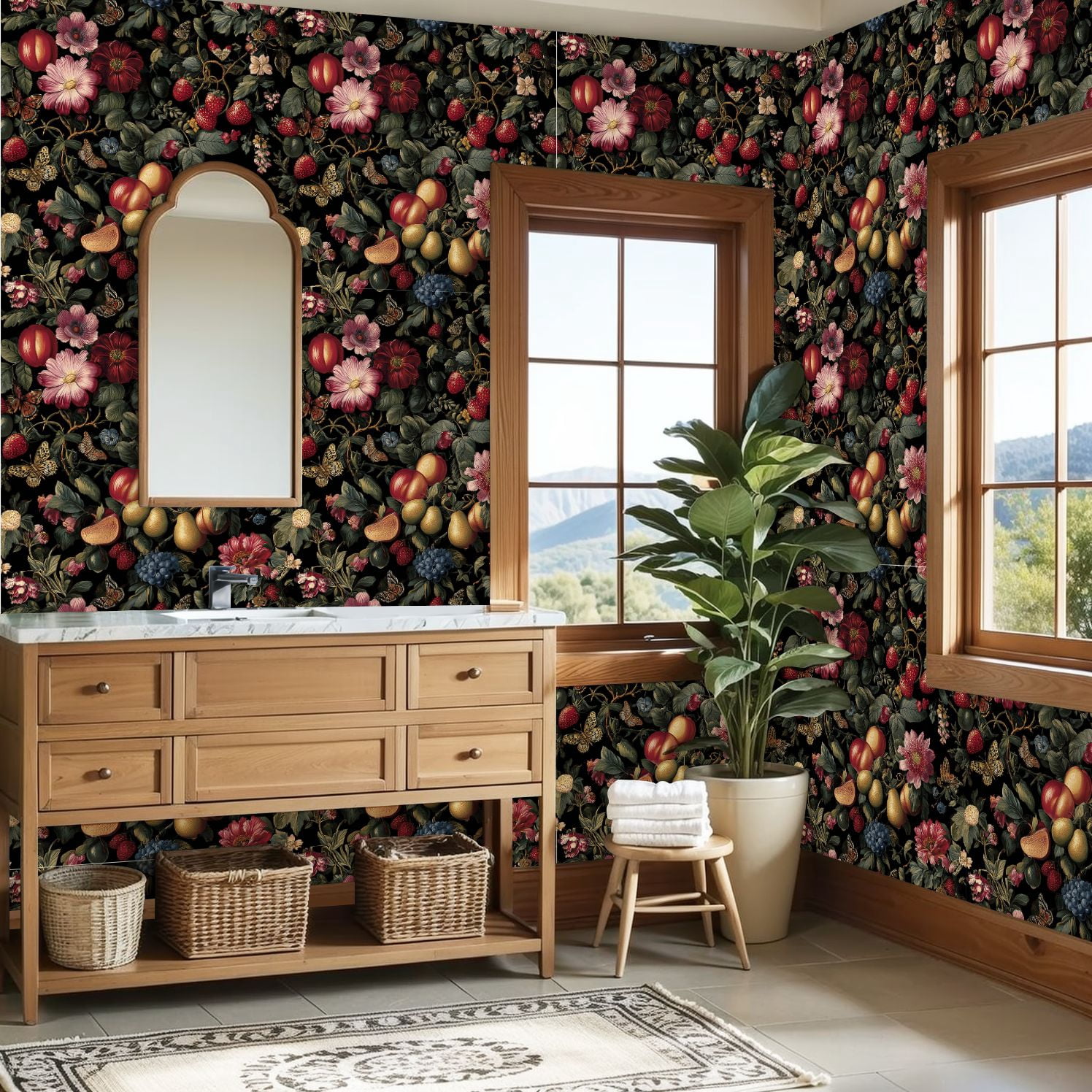Peel and Stick Wallpaper Floral Botanical Vintage Flowers Fruits Butterflies Dark Wall Mural 23.6in x 9.8ft Self Adhesive Removable Wall Paper Renter Friendly Wallpaper for Nursery Bedroom Cabinets