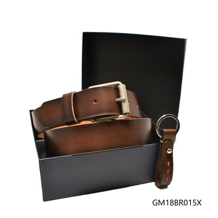 George Men's 35MM Wide Brown Burnished Leather Belt and Key Fob Gift Set