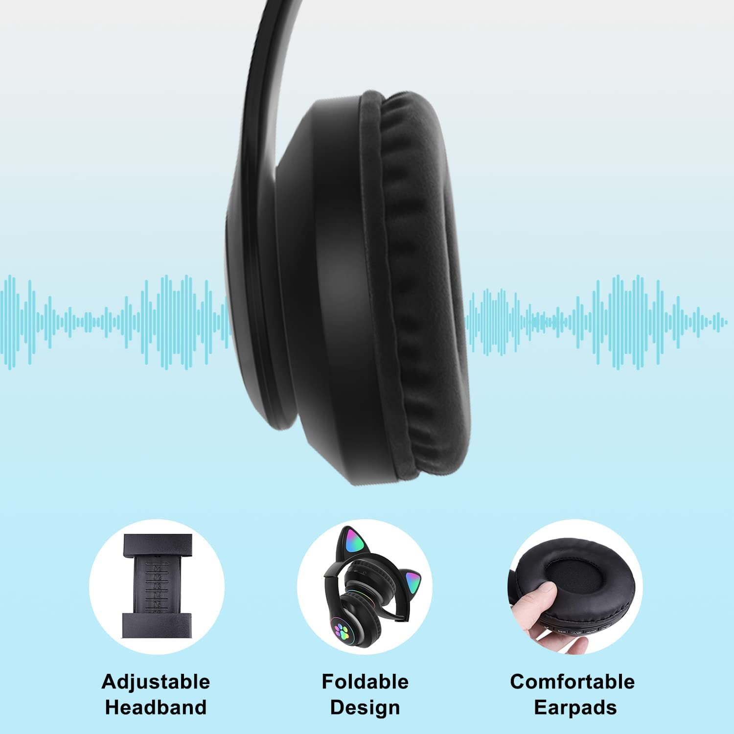 Haokaini Cat Ear Headphones, Bluetooth Wireless Headphones, Foldable Over-Ear Headphones with Microphone & LED Light Up, Cute Cat Ear Headphones, Black