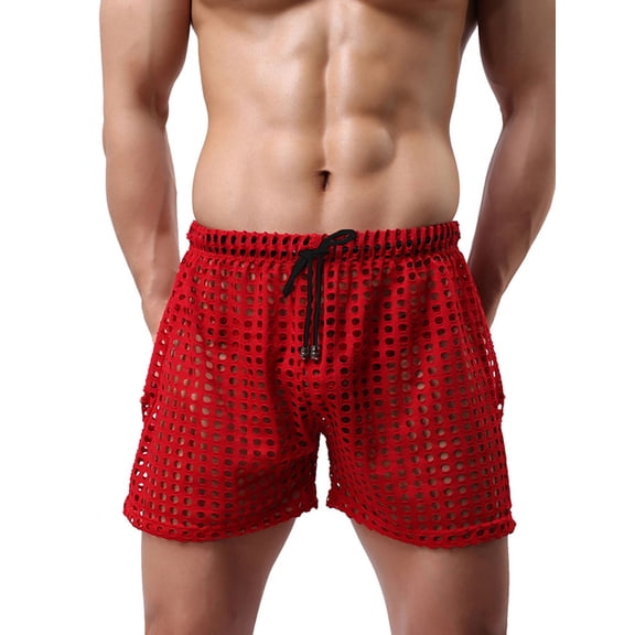 Men's Hollow See Through Shorts Drawstring Loose Lounge Pants Swim Shorts Cover Up Boxer Trunks