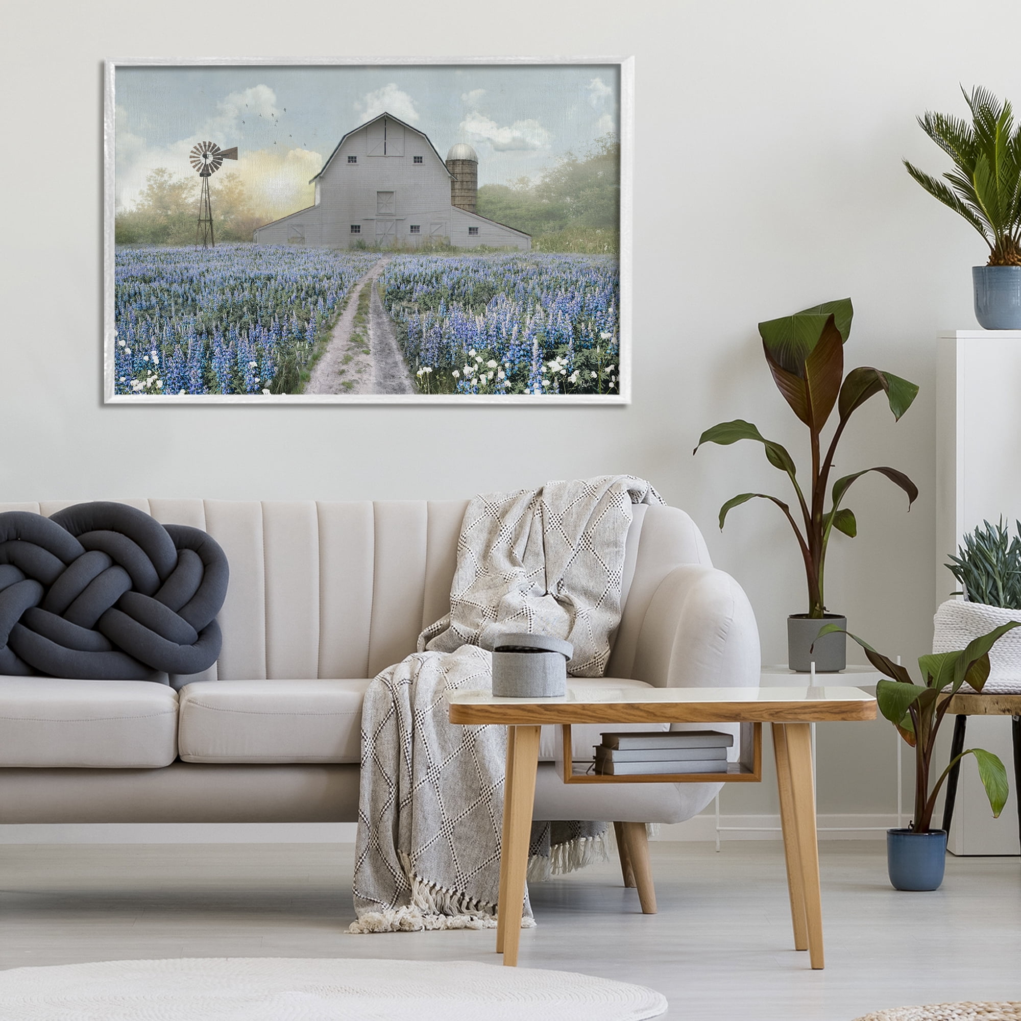Stupell Industries Meadow of Blue Flowers & Barn White Framed Giclee Art, design by Nan