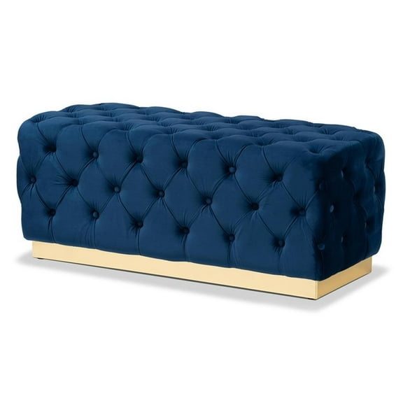 Bowery Hill Navy Blue Velvet Fabric Upholstered and Gold PU Ottoman