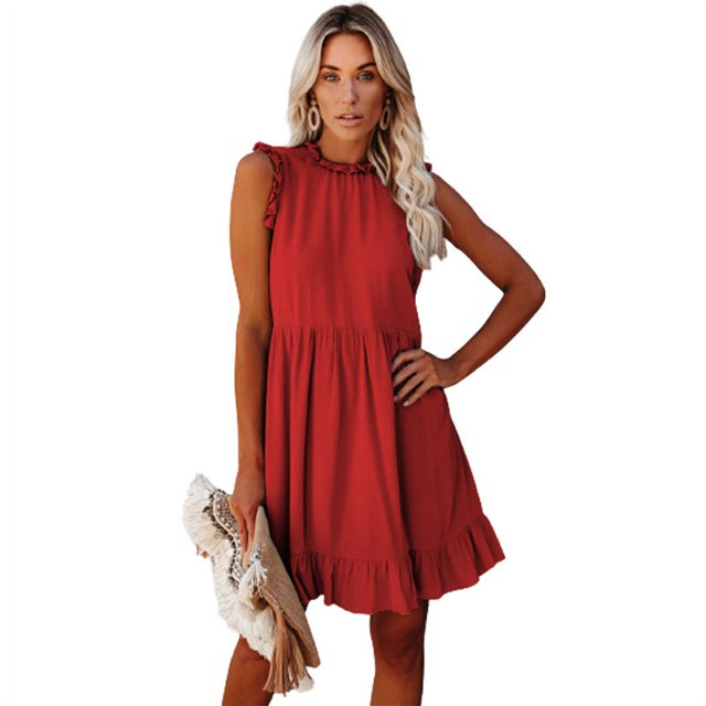 New Women's Solid Color Sleeveless Ruffle Stitching A Line Dress Pleating Casual Dress