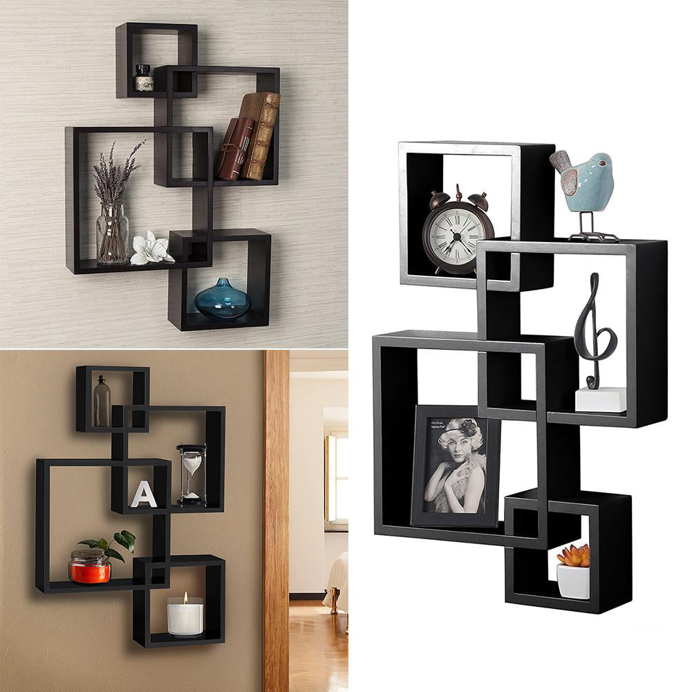 Black Intersecting 3 Square Floating Shelf Wall Mounted Home Furniture Decor K 