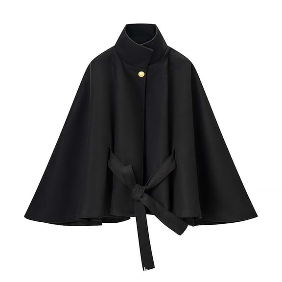 YUNAFFT Windproof Cape-Style Coat for Women with Stand Collar Bell Sleeves Waist Tie Belt Soft Warm Autumn Outerwear