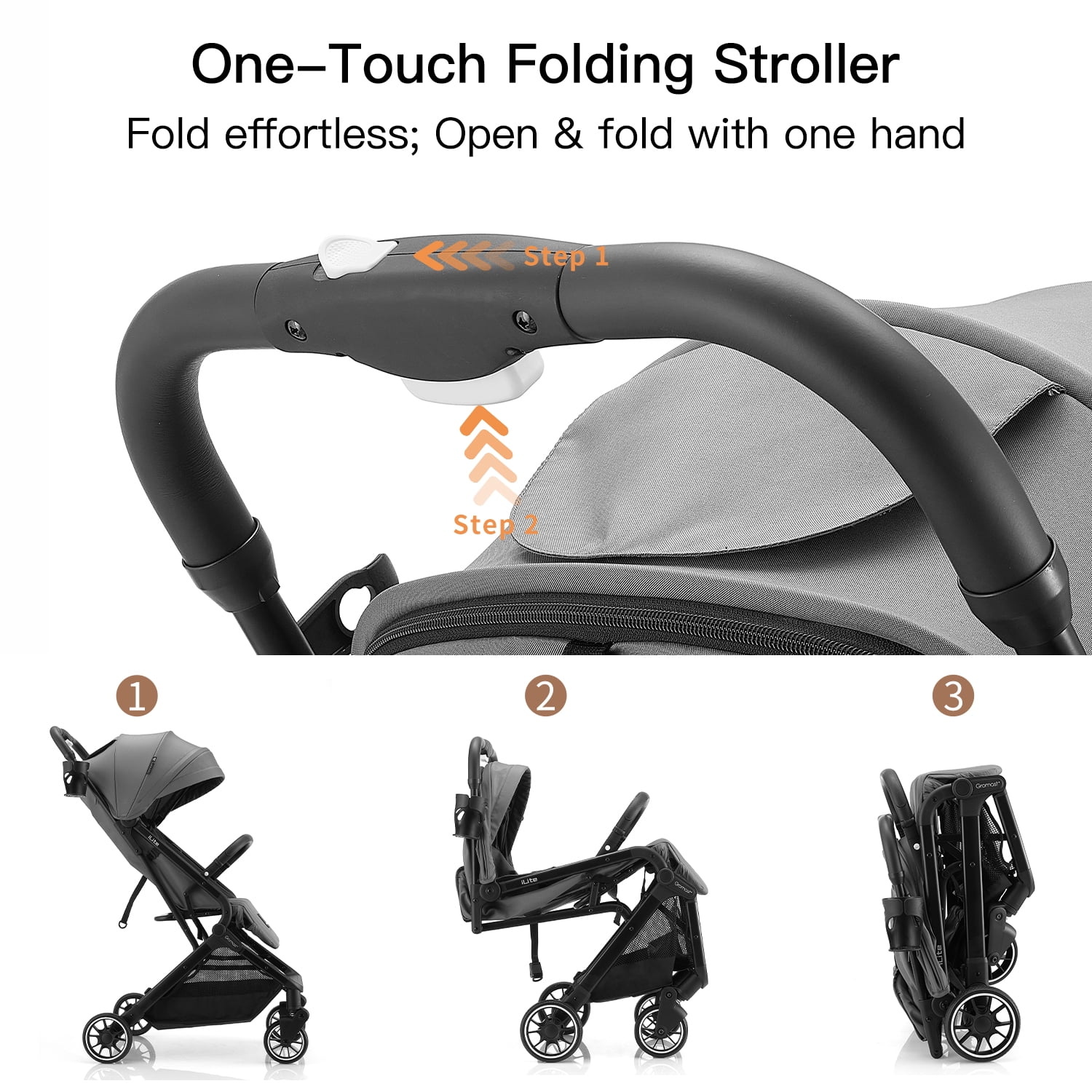 Gromast Compact Fold Baby Stroller, Lightweight Travel Toddler Stroller with One-Click Fold, Extendable UPF50+ Canopy, Cup Holder, UV Protected and Waterproof, One-Hand Folding - Gray