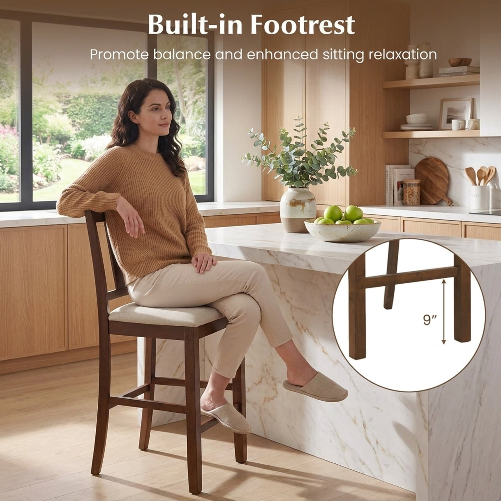 Furnibear Counter Height Bar Stools with Contoured V-Back-Set of 2 for Kitchen Island Counter Bar Pub Dining Home, Walnut