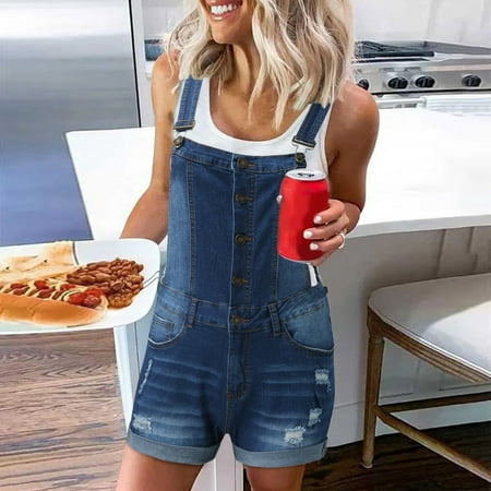 

Quealent Womens Jumpsuits Dressy Women Summer Soild Causl Frayed Hem Ripped Hole Pocket Denim Overall Romper Dark Blue XL