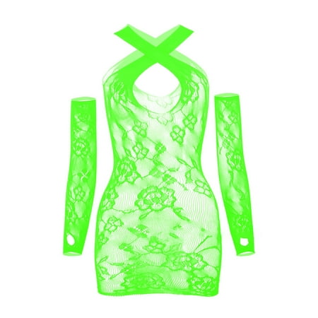 Augper Women Solid Color Lingerie with Sexy Lace Hollow Patterns Suspender Dress with Sleeves Suit