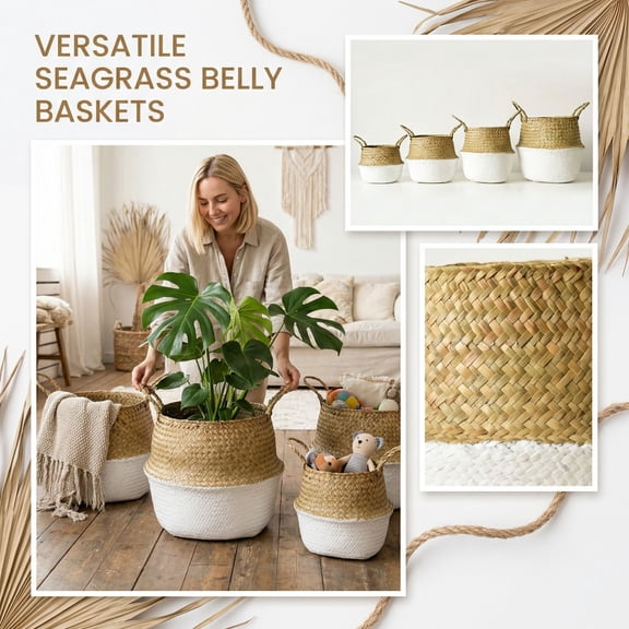 Woven Seagrass Belly Basket with Handles, White Small Storage Basket 6.7in Opening 8.7in Belly, Handmade Plant Pot Cover Laundry Organizer Boho Home Home Decor 1pcs A