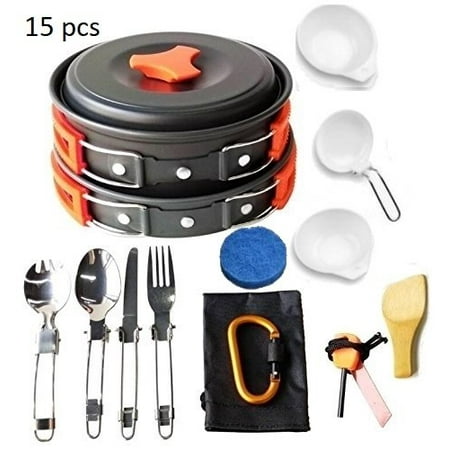 Lightahead 15 Pcs Camping Cookware Set Mess Kit Lightweight Compact & Durable Kit for Camping Hiking & Backpacking Outdoor (Best Backpacking Cooking Gear)