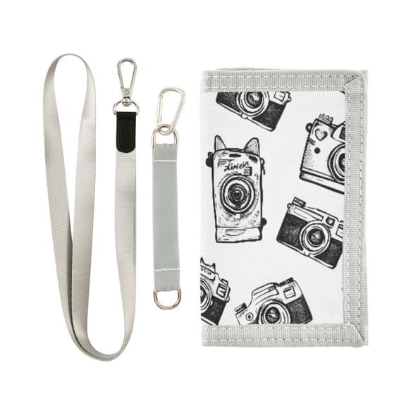 JIALIOU Nylon Trifold Card Wallet with ID Window Zipper Pocket for Men Women Teen Hand Drawn Camera