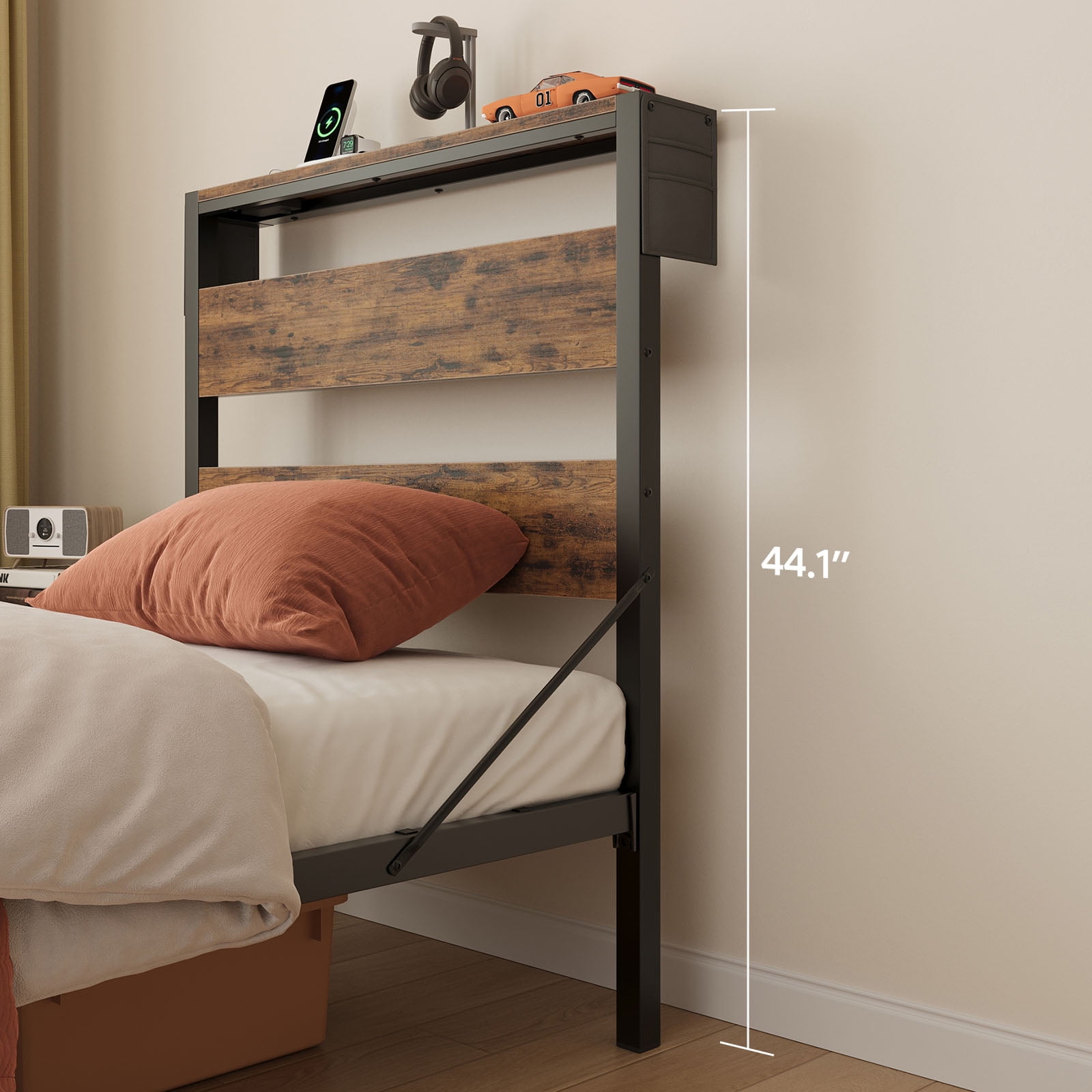 Bestier Twin Size Platform Bed Frame with Storage Headboard, LED Lights & USB Charging Station, Metal Bed Frame Rustic Brown
