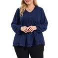 thumbnail image 5 of Agnes Orinda Women's Plus Size Fall Plain V Neck Elastic Long Sleeve Tops 1X Navy Blue, 5 of 7