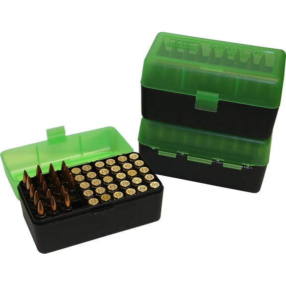 MTM Case-Gard 50 Rifle Ammo Boxes .222 & .222 Magnum, Clear Green/Black