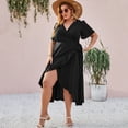 thumbnail image 2 of AURA Plus Size Womens Black V Neck Lace Up Slit Midi Dress Short Sleeve Adjustable Waist Knitted Elegant, 2 of 5