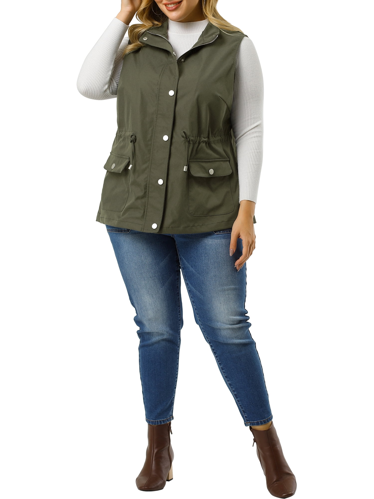 DARING DIVA Women's Plus Size Lightweight Sleeveless Anorak Cargo Vest 2X ArmyGreen