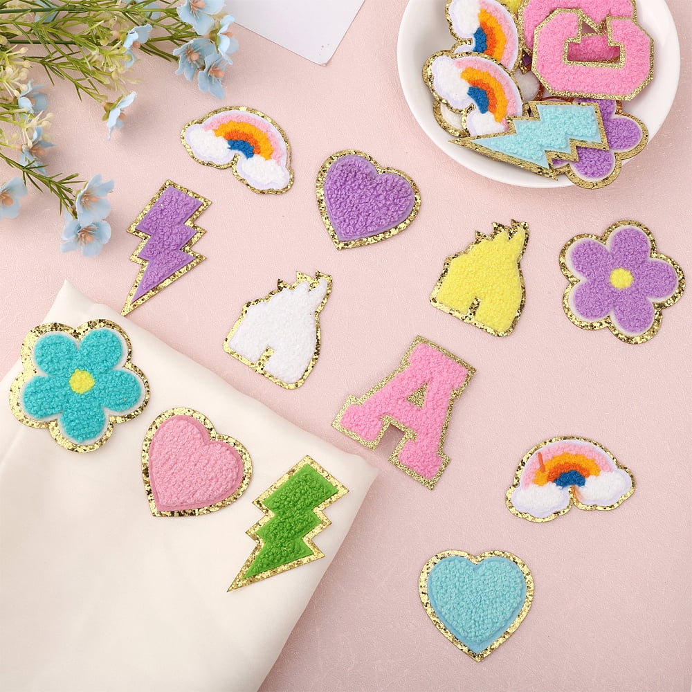 1 Bag Lightning Bolt & Castle & 5-Petal Flower & Letter A~Z & Heart & Rainbow Towel Embroidery Style Cloth Iron on/Sew on Patches Costume Accessories Mixed Color 44~61x41~71x2~3.5mm