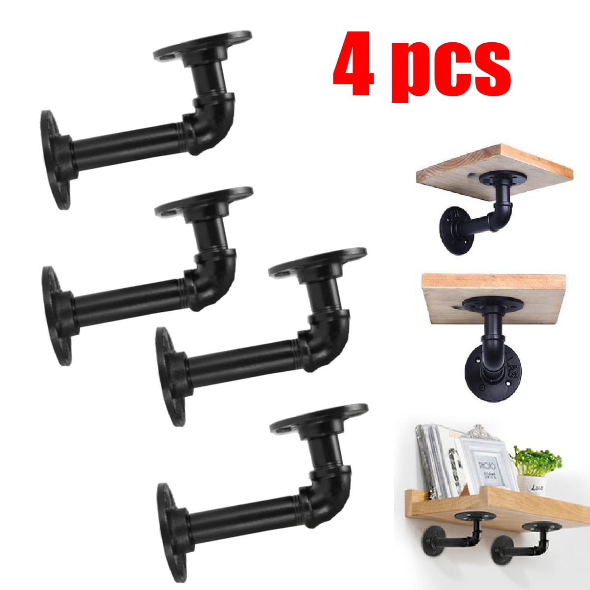 4Pcs Industrial Iron Pipe Shelf Brackets Wall Mounted Floating Shelf