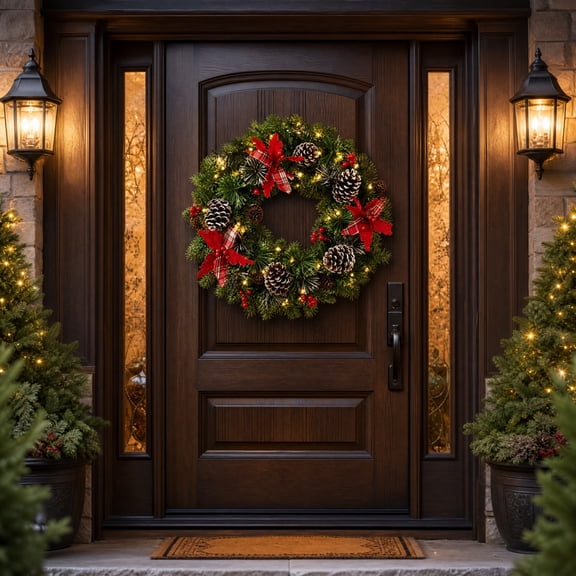 18 Inch Christmas Wreath with Red Plaid Bows Artificial Wreath with Cones Red Berries Front Door Wall Window Indoor Outdoor Christmas Decor