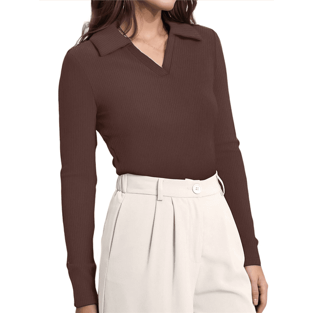 Womens Shirts Long Sleeve Business Casual Tops Collared V Neck Ribbed Knit Sweater Slim Fit Blouses Dark Brown S