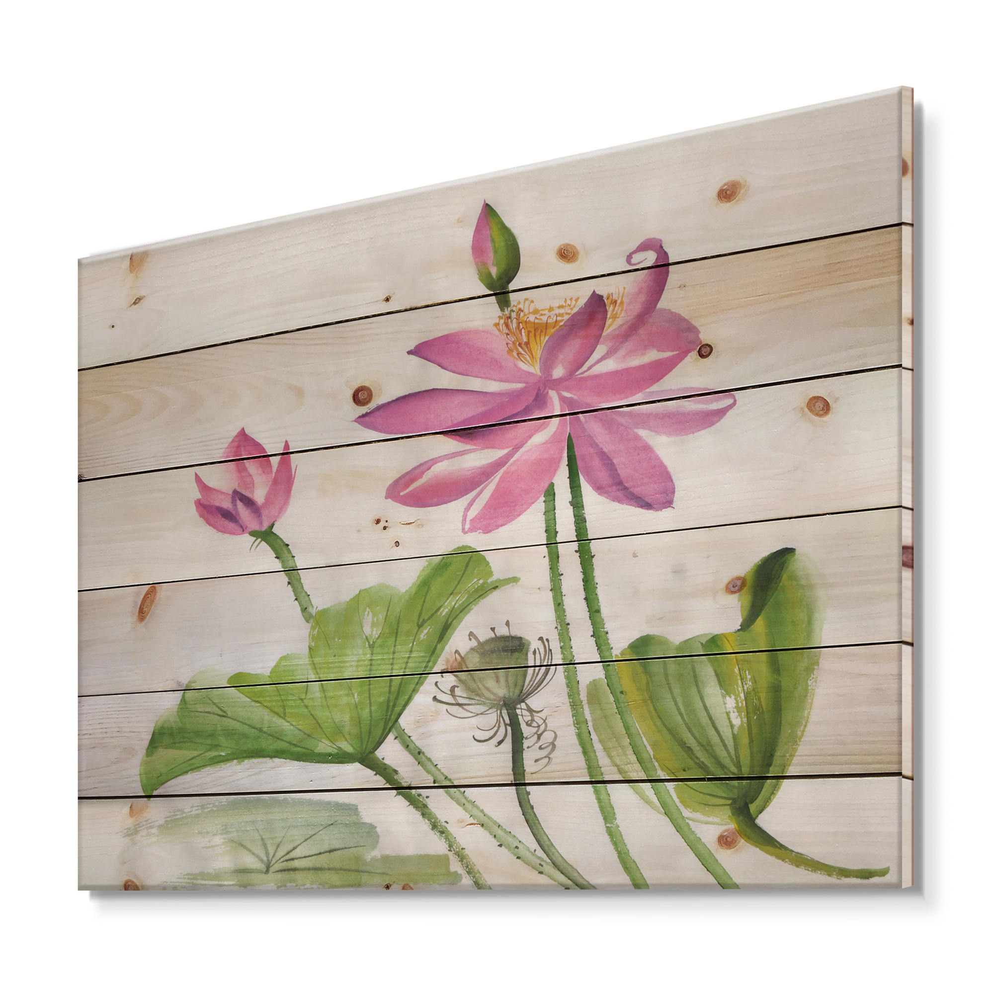 Designart 'Two Pink Lotus Flowers With Green Leaves' Traditional Print on Natural Pine Wood