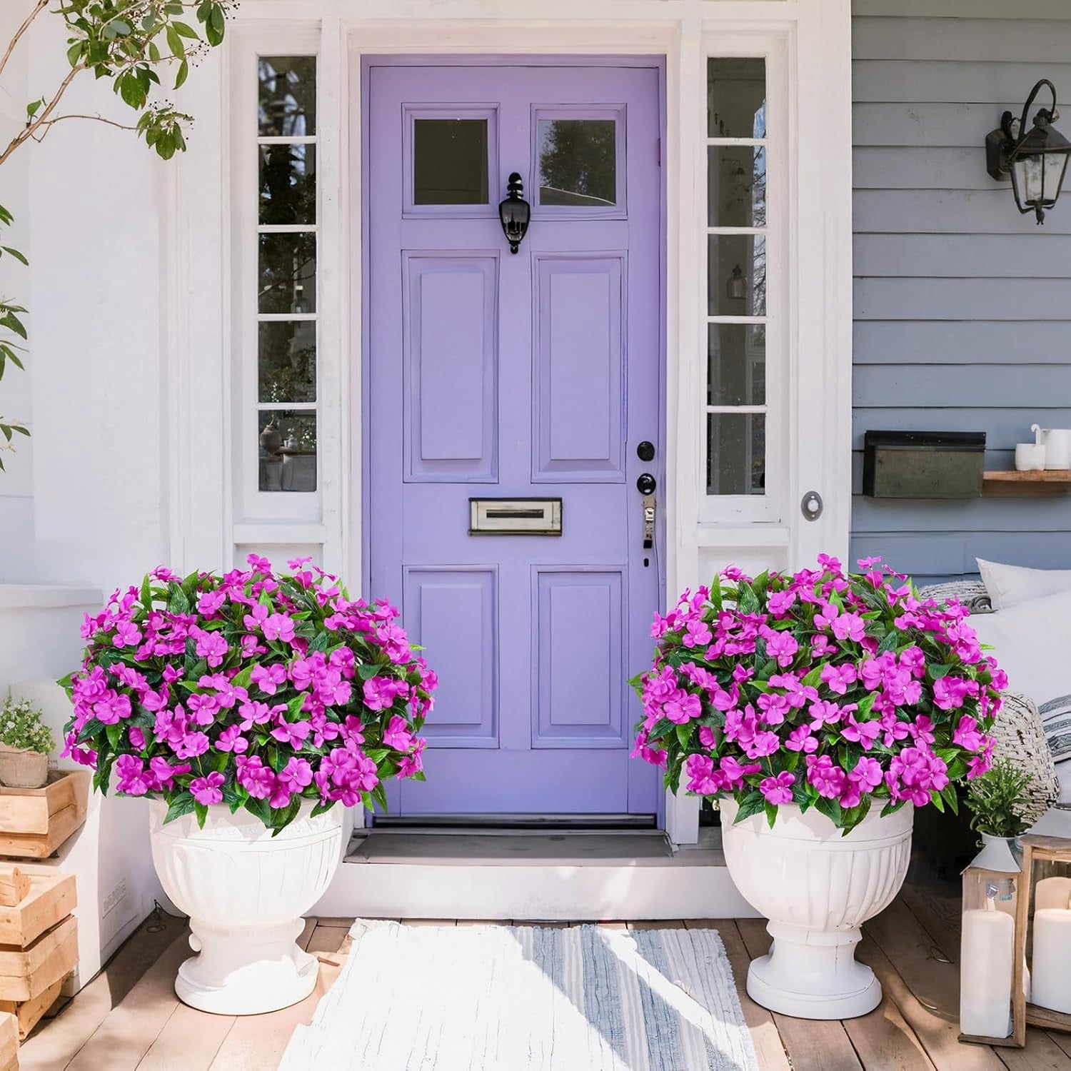 4 Pcs Artificial Flowers Impatiens Bushes Topboutique Silk Impatiens Flowers Faux Flower Greenery Bouquet Fake Flowers Plant for Wedding Home Patio Lawn Garden Porch Hanging Basket Decor, Purple