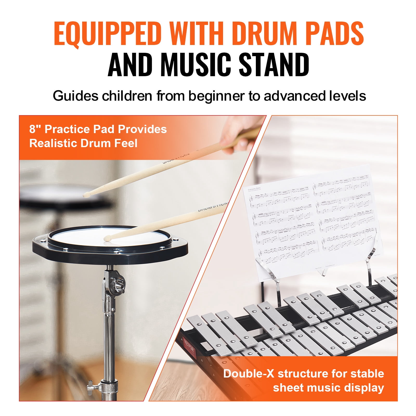 KFFKFF 32-Key Glockenspiel Bell Kit, Complete Percussion Set for Students & Adults with Mallets, Sticks, Sheet Music Holder, 8" Practice Pad, Height-Adjustable Stand & Portable Bag