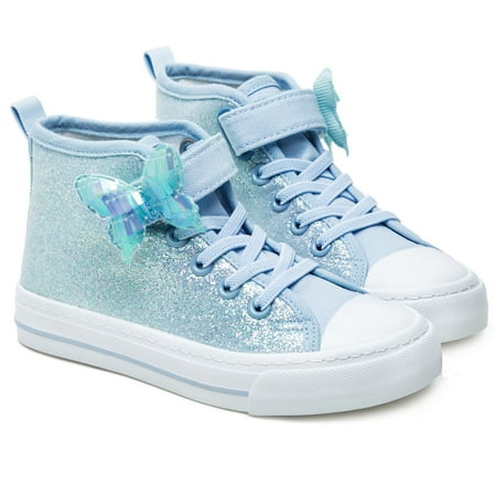 

Little Girls Kids Canvas Shoes Glitter Sneakers Toddler Sparkle Lace Up High Top Hook and Loop Straps Velcro Non Slip Lightweight Blue Size 13