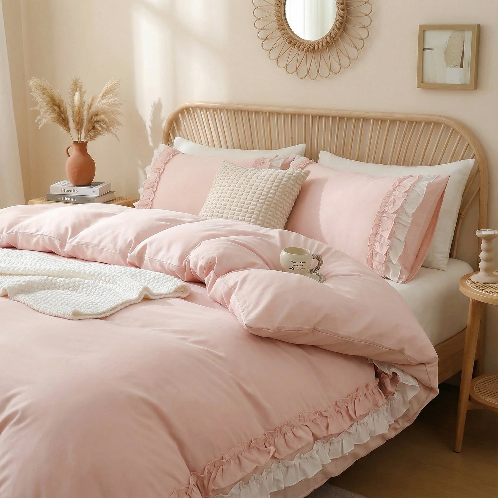 100% Cotton Ruffled Comforter Set Queen, White Shabby Chic Farmhouse Bedding Set French Country Cute Comforter Set