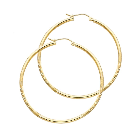 14k Yellow Gold Diamond Cut French Lock Hoop Satin Finish Round Earrings Polished Genuine 35mm x 2mm